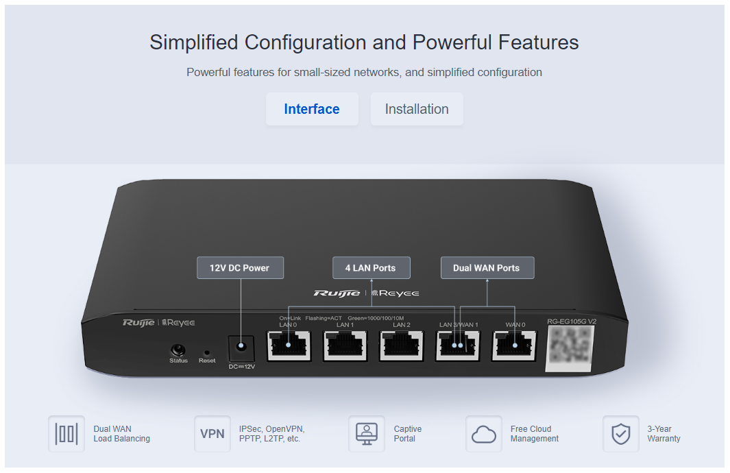 Ruijie RG-EG105G V3 Reyee - 5-port Cloud Managed Router with Dual WAN ...