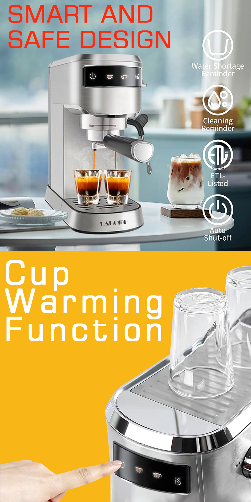 LaHome 20 Bar Espresso Coffee Maker Machine LCD Display Digital Panel ...