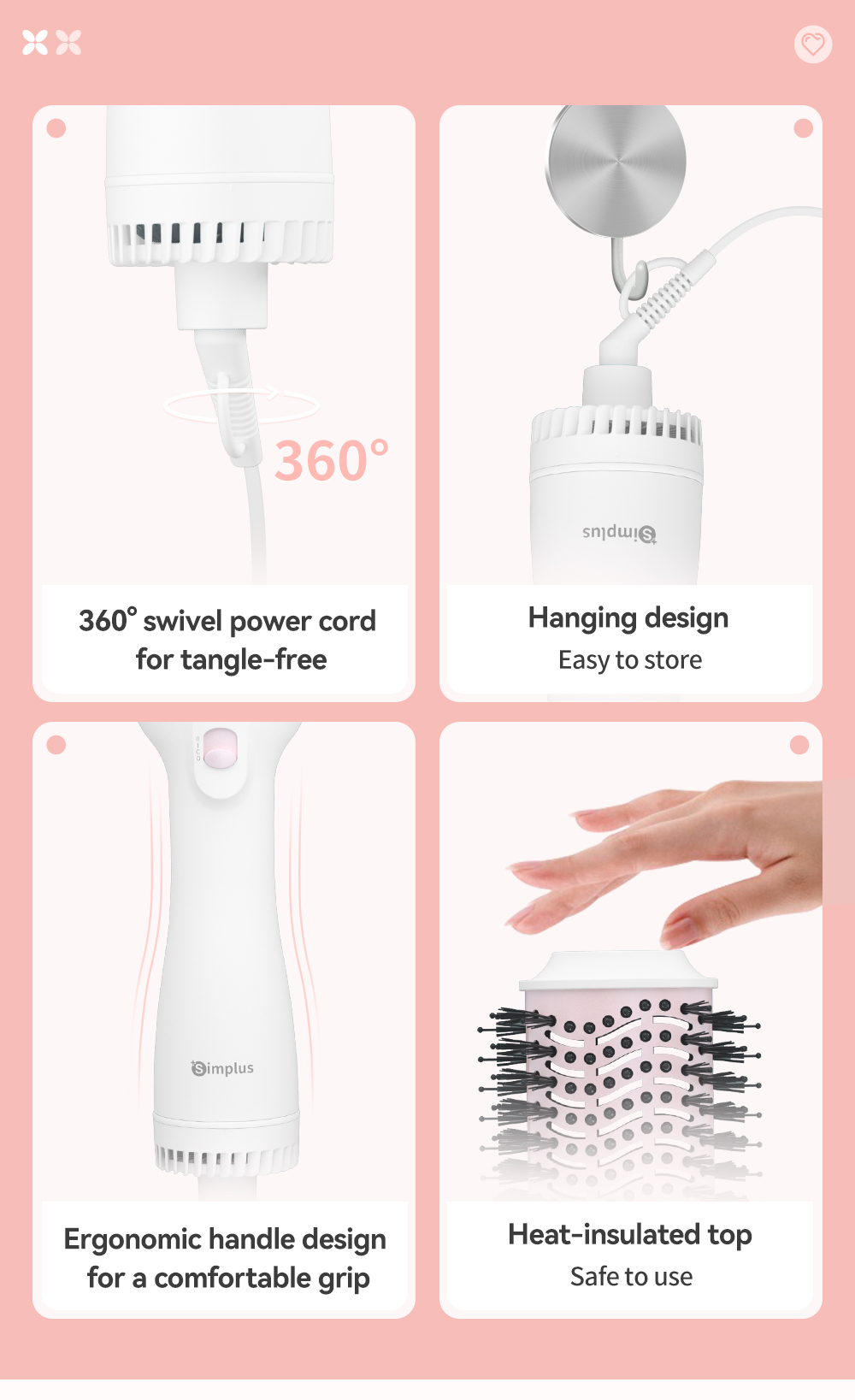 Simplus Hot Air Brush Comb Hair Brush Blower Electric Hair Dryer ...