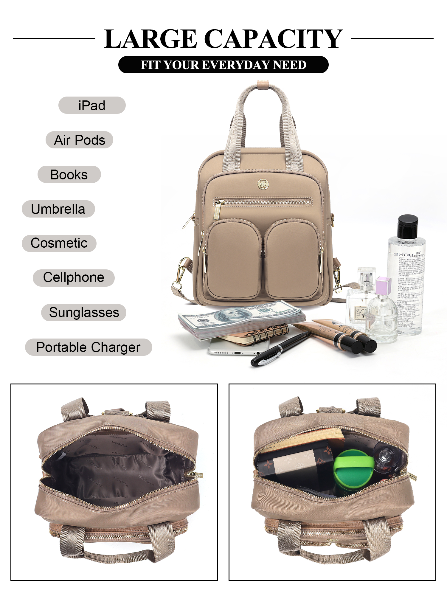 MICHAELA 3 Ways Carry Backpack Thicken Recycled Nylon Versatile for ...
