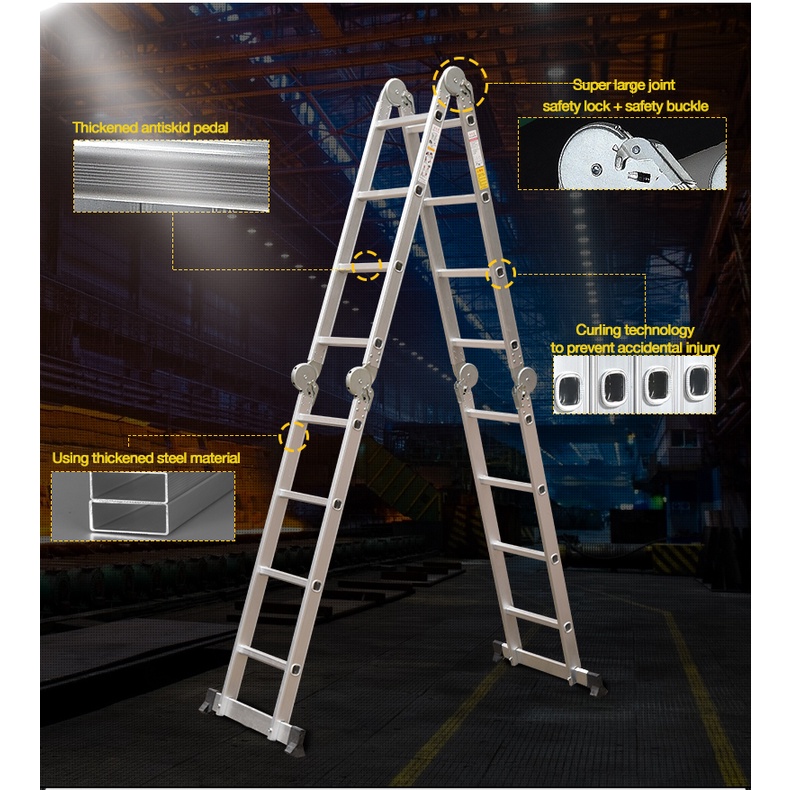 Premium 12ft Aluminum Folding Ladder, Robust 4x3 Heavy Duty Step, Easy ...