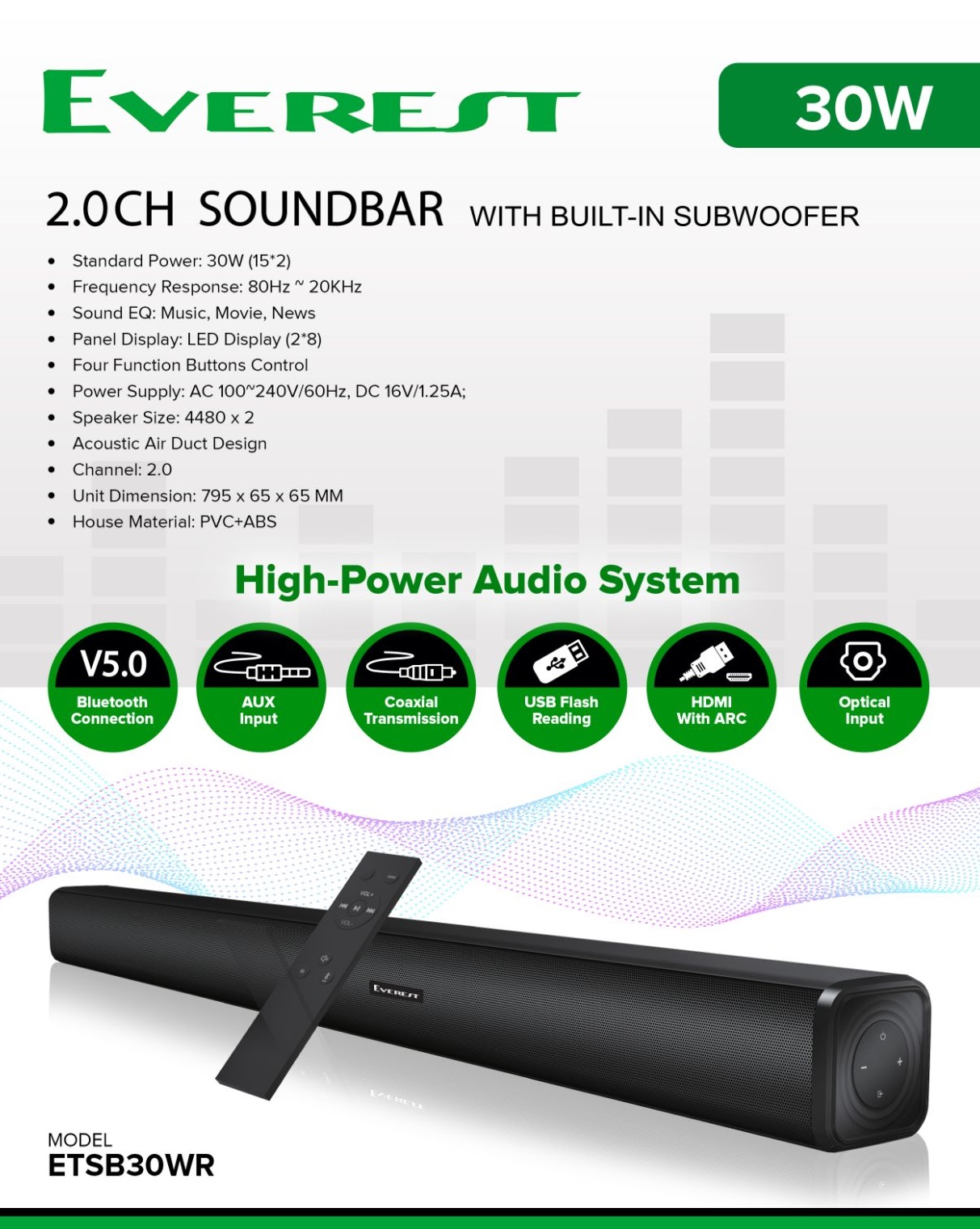 Everest Bluetooth 2.0ch Sound Bar/ Built-In Subwoofer/Hdmi/Acoustic Air ...