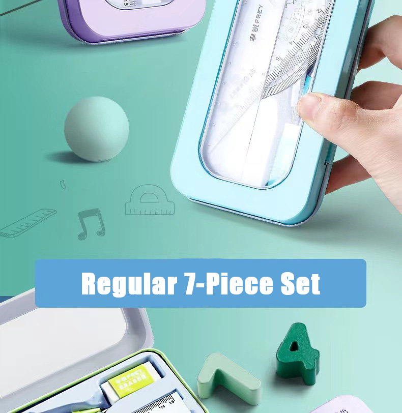 7PCs Compass Ruler Learning Stationery with Metal Box Triangle Ruler ...