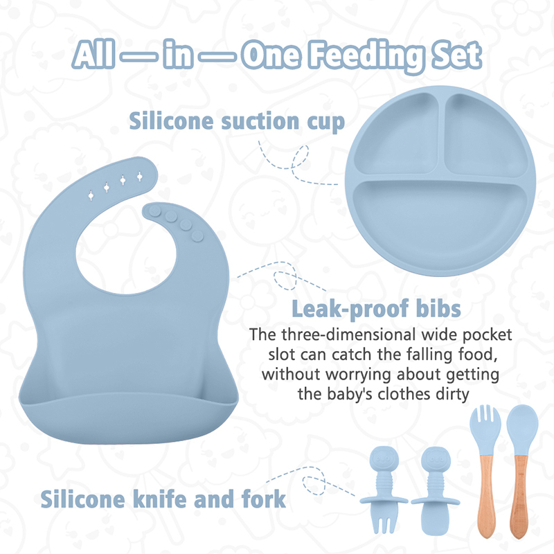 8PCS Baby Feeding Set Silicone Baby Plate Set Infant Silicon Bib