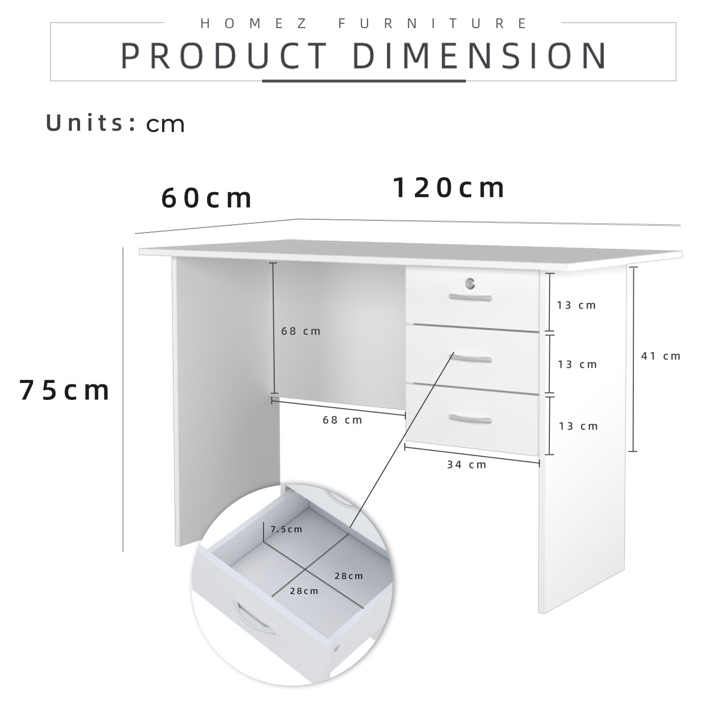 Homez 15mm Thick 4FT 120cm Writing Table Study Table with 3 Drawers 1 ...