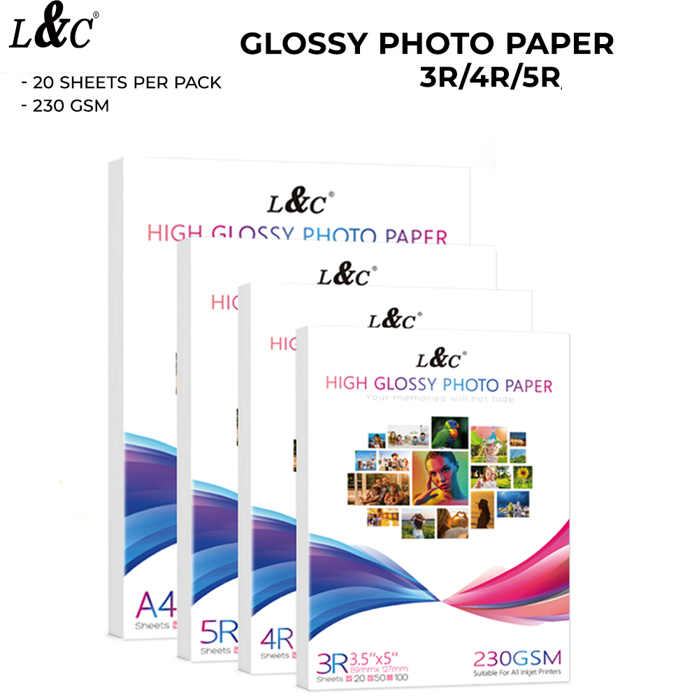L&C Photo Paper 230gsm 50 Sheets per pack A4 3R 4R 5R Size 180gsm High ...