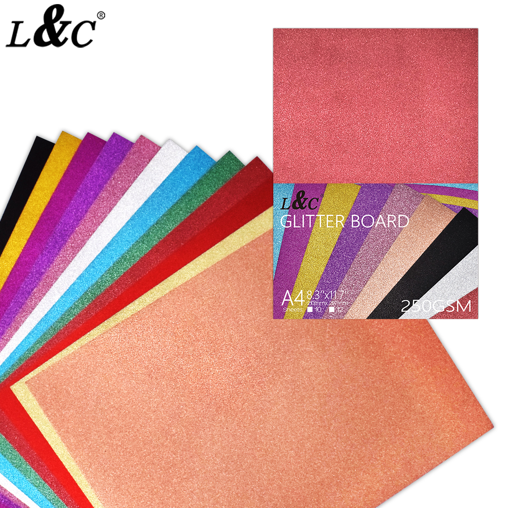 L&C 10pcs Glitter Board Paper Cardstocks Assorted Colors A4 size 250gsm ...