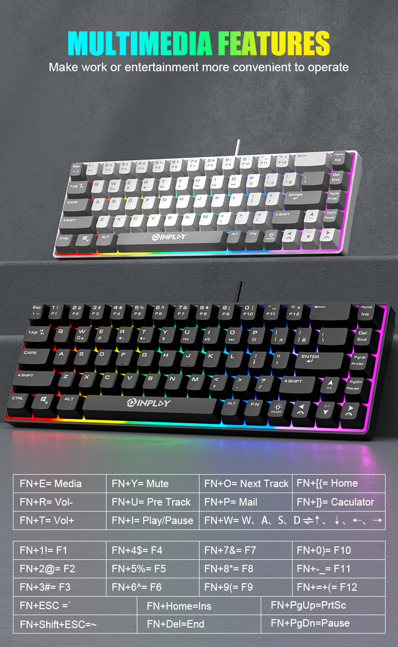Inplay BK680 RGB Gaming Keyboard Rainbow Light Waterproof Smooth ...