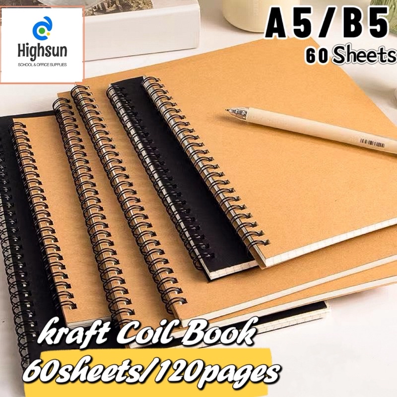 A5&B5 60 Sheets Spring Notebook kraft coil book Kraft Paper Notebook ...