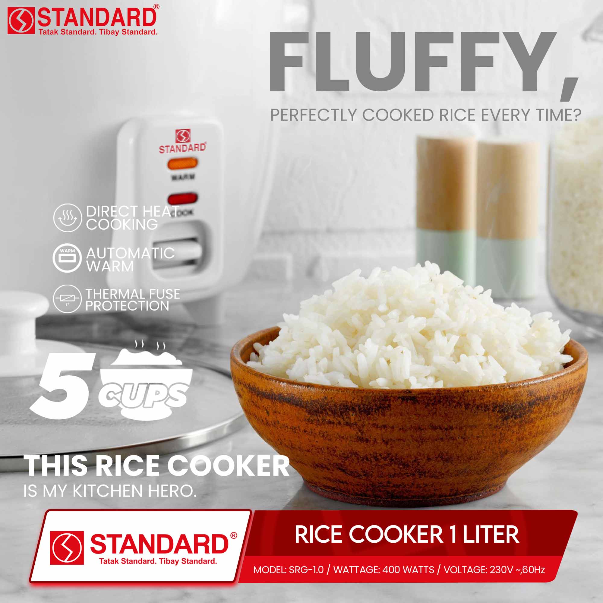STANDARD Rice Cooker 1.0 Liters 5 Cups 400W - Yellow Elephant | Shopee ...