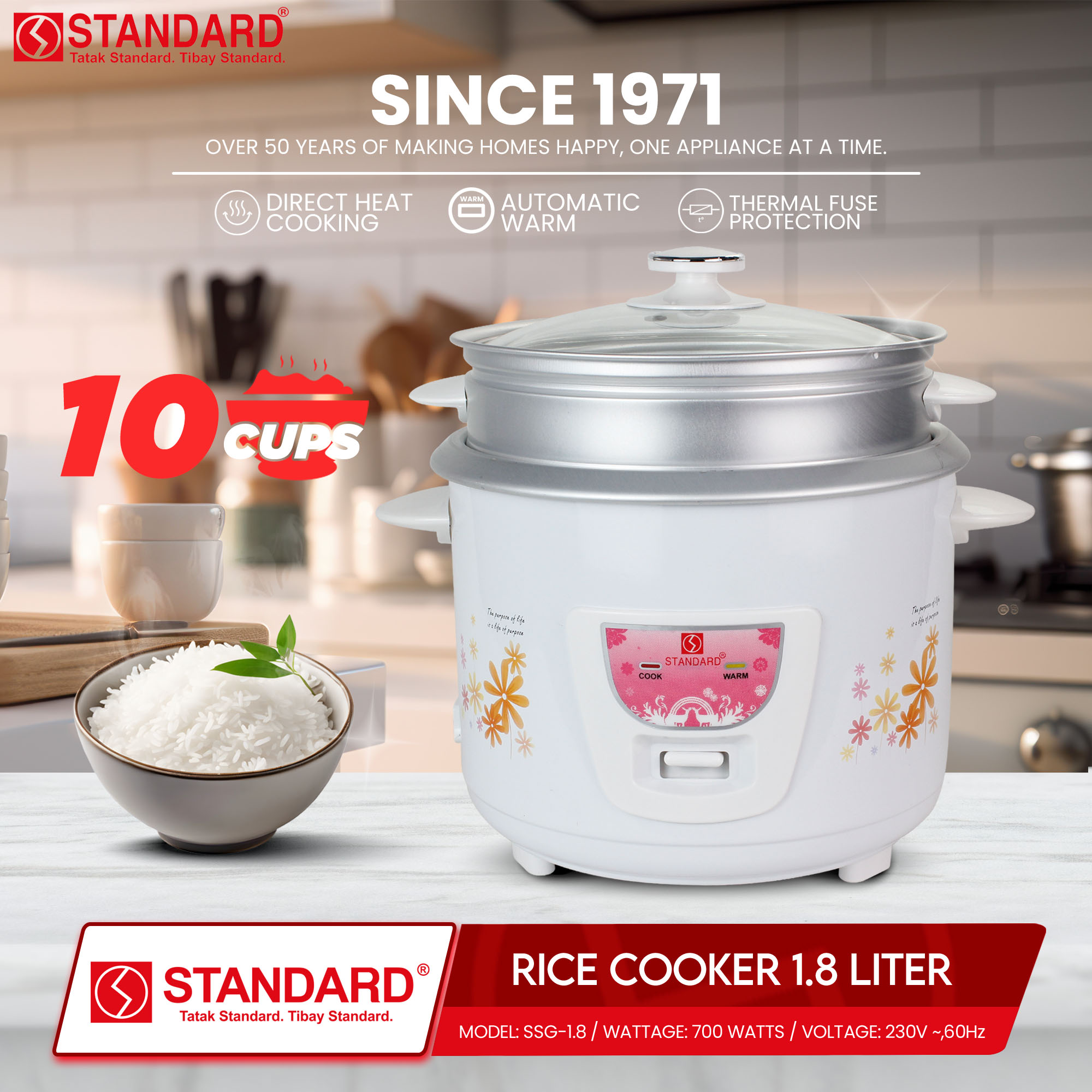 STANDARD Rice Cooker 1.8 Liters 10 Cups 700w - Yellow Elephant | Shopee ...