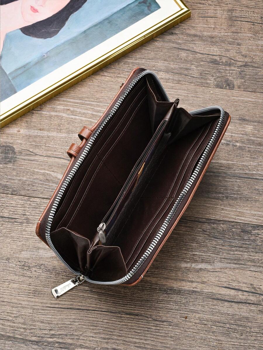 Long Large Capacity PU Leather Material Wallet With Wrist Strap, Casual ...