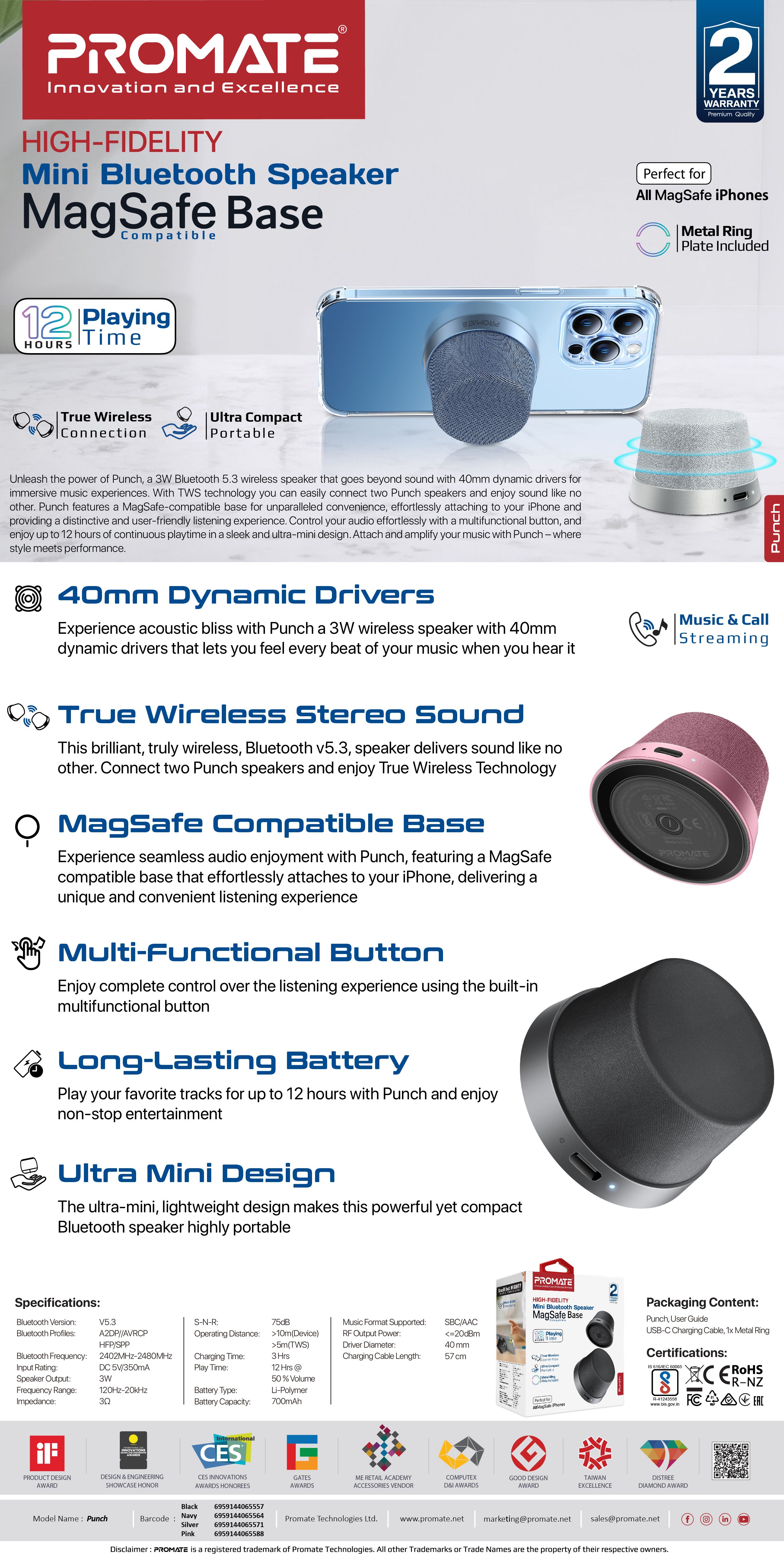 Promate Punch High-Fidelity Mini Bluetooth Speaker with MagSafe ...