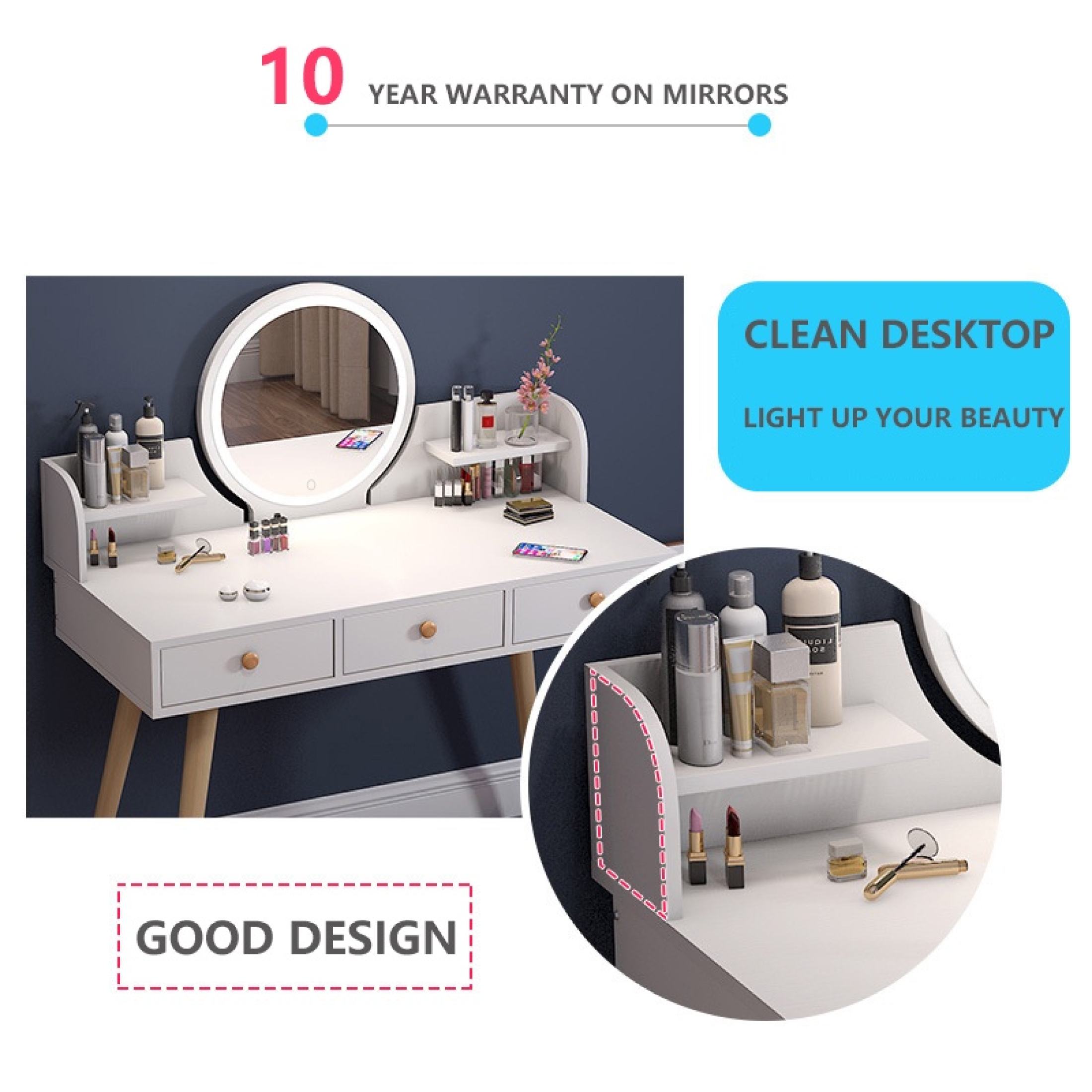 IKAE LED White Vanity Mirror Vanity Table With Mirror Dresser 3 Drawer ...