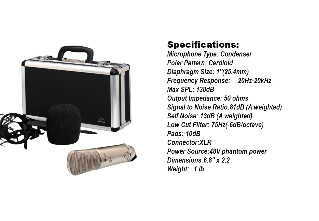 Microphone à Condensateur Studio Behringer B-1 - Grand Diaphragme, Filtre D'or, Réponse 20 Hz-20 KHz