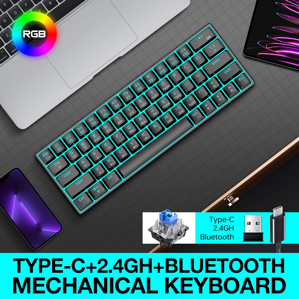 63-keys mechanical blue switch wired+wireless+bluetooth | Shopee ...