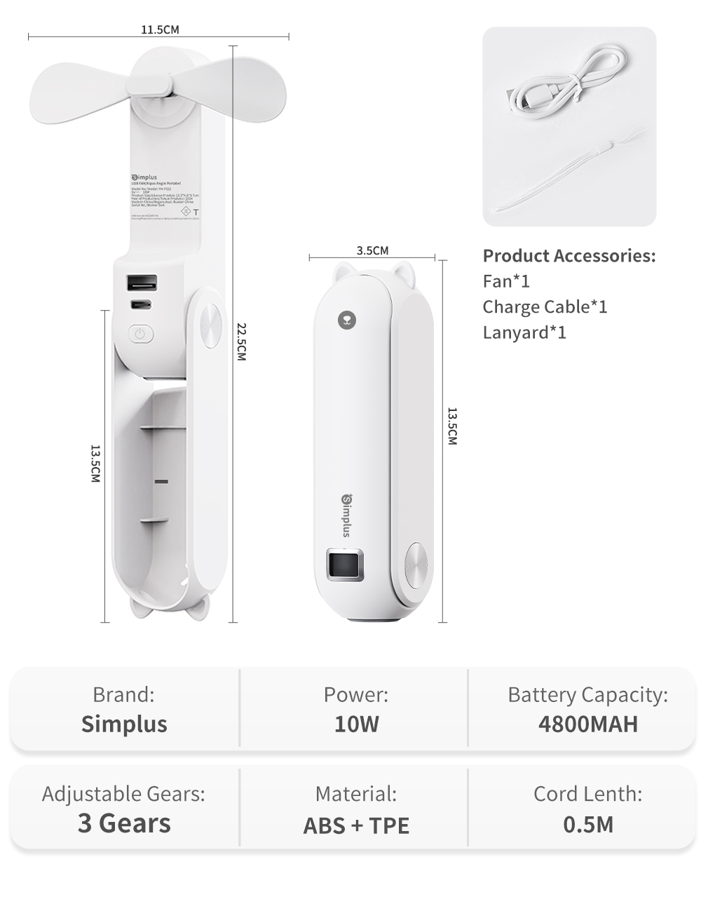 Simplus Smart Small Fan Handheld USB Electric Fan Portable Foldable 3 ...