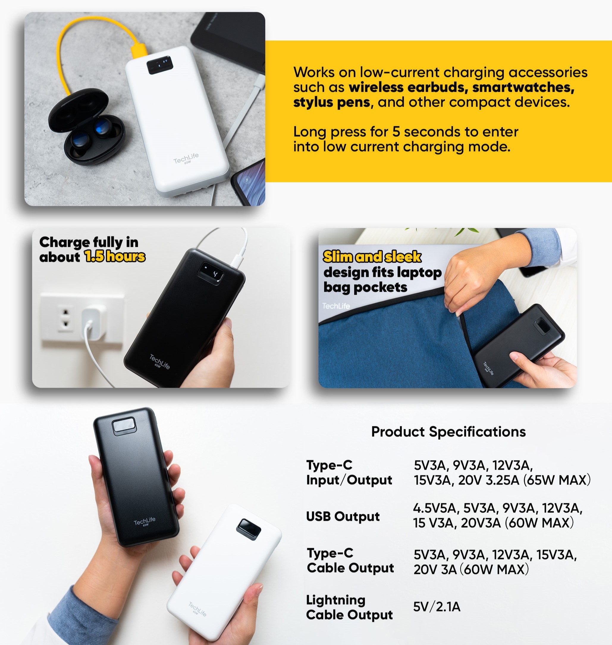 TechLife 65W Power Bank 20,000mAh Fast Charge Built in Type