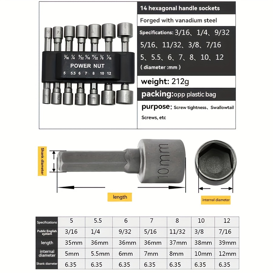 HPHOPE 14 Pcs Power Nut Driver Set - 1/4 Inch Hex Shank Chrome Vanadium Steel Drill Bits
