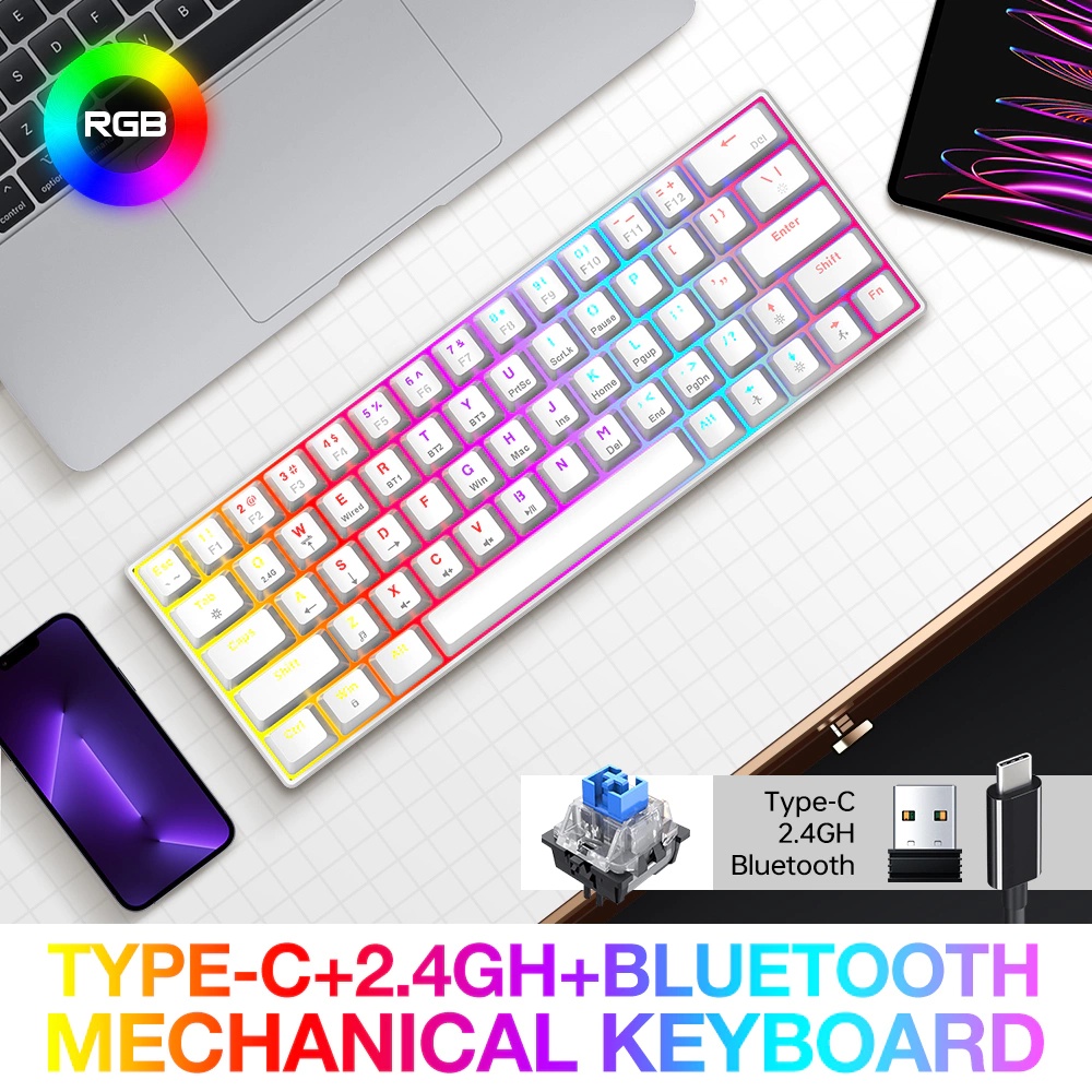 63-keys mechanical blue switch wired+wireless+bluetooth | Shopee ...