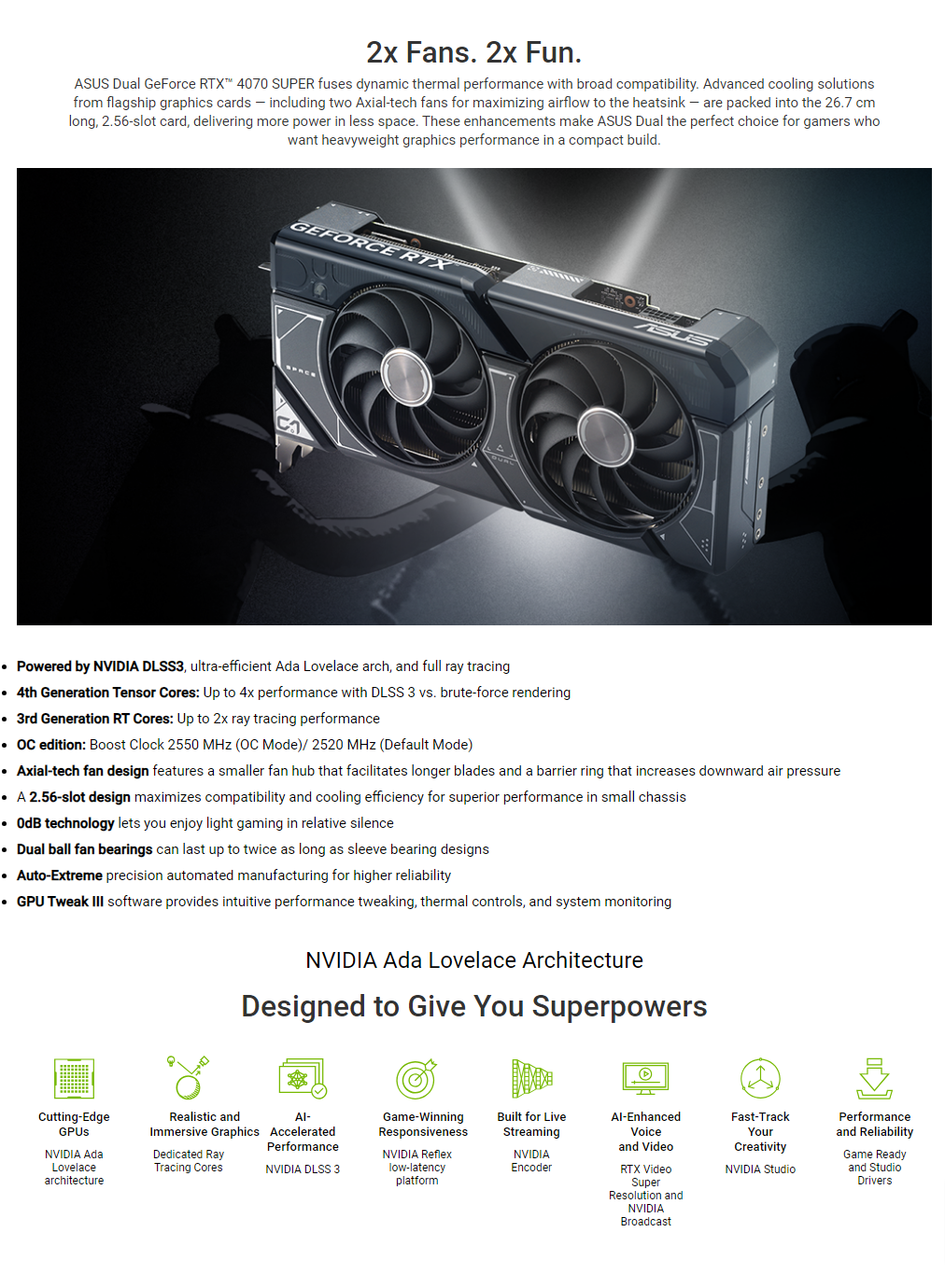 Asus Dual GeForce RTX 4070 SUPER 12GB GDDR6X Axial-tech Fan Design ...