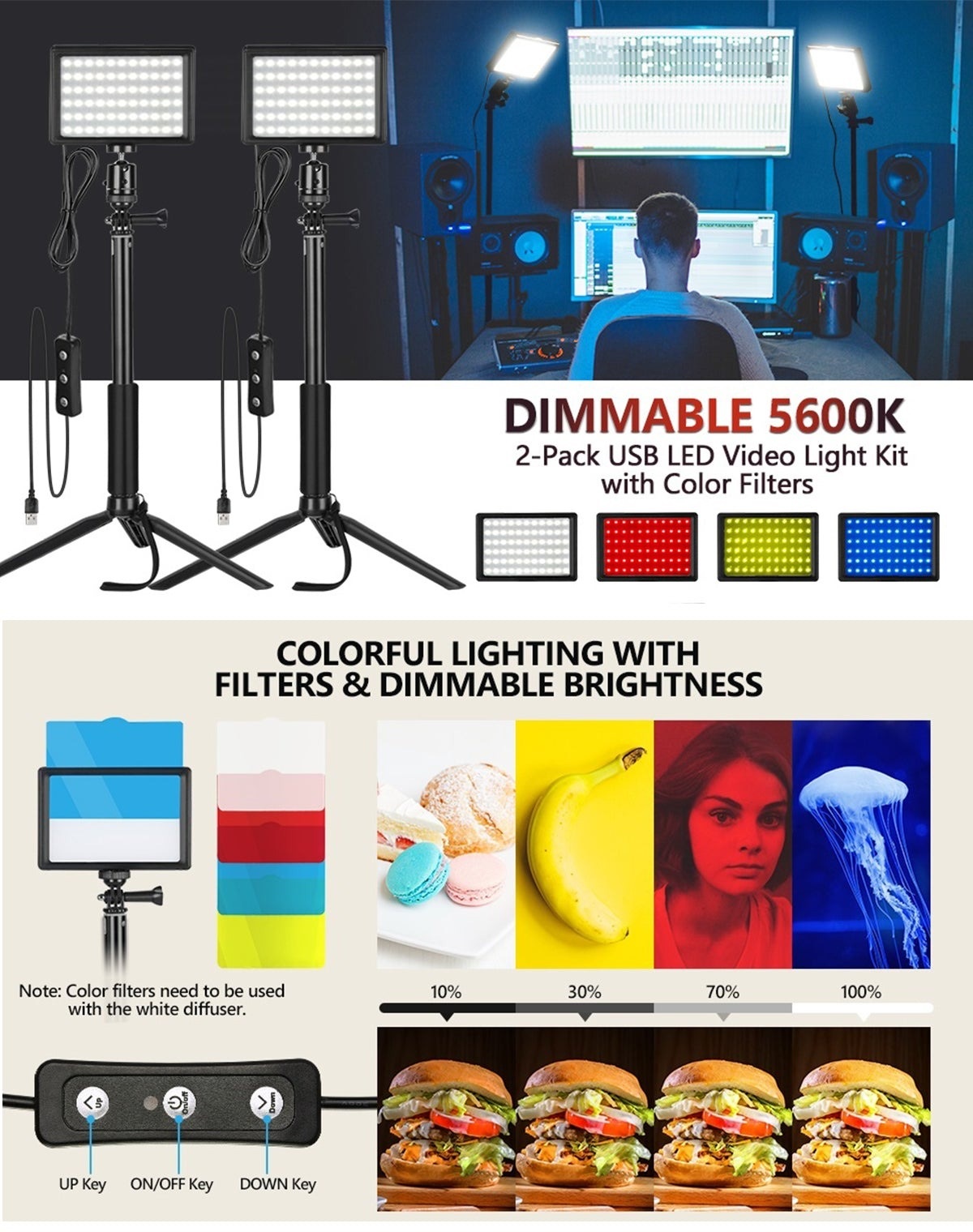 Neewer ZC-10S 2 Pack Tabletop 5600K LED Video Light Kit with Dimmable ...