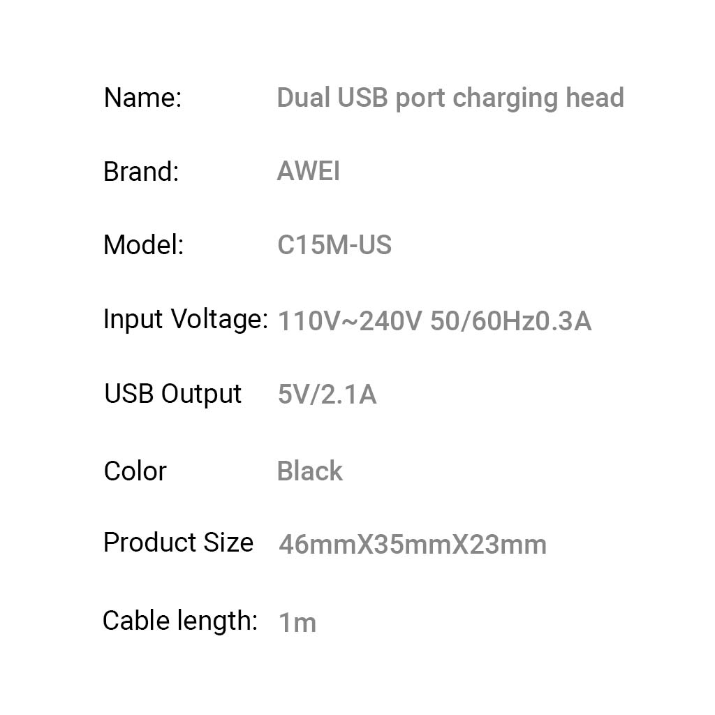 Awei C15M-US 10W Wall Charger Dual USB Port Quick Charge with Micro ...