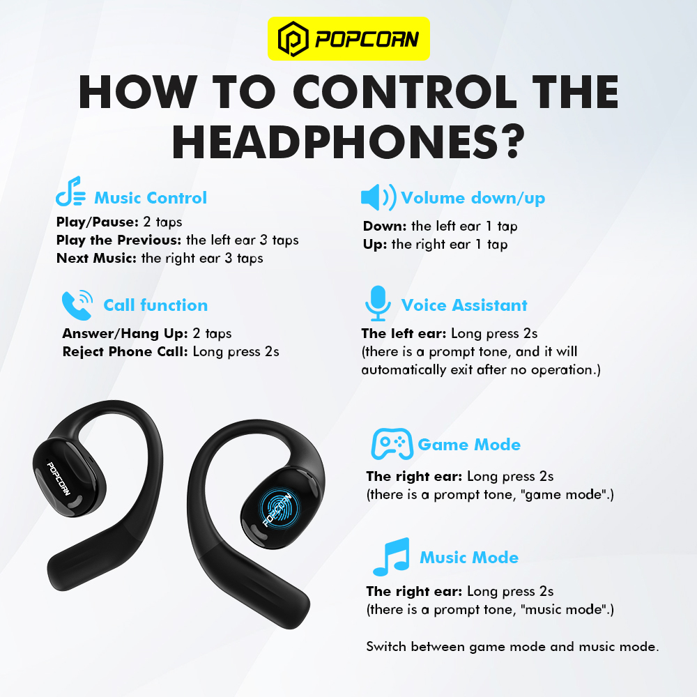 POPCORN Open Ear Bluetooth Headphones Wireless Earbuds Sport Over ...