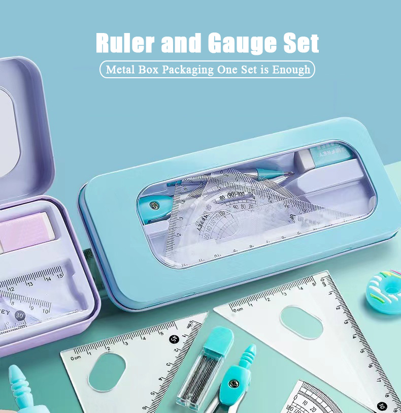 7PCs Compass Ruler Learning Stationery with Metal Box Triangle Ruler ...