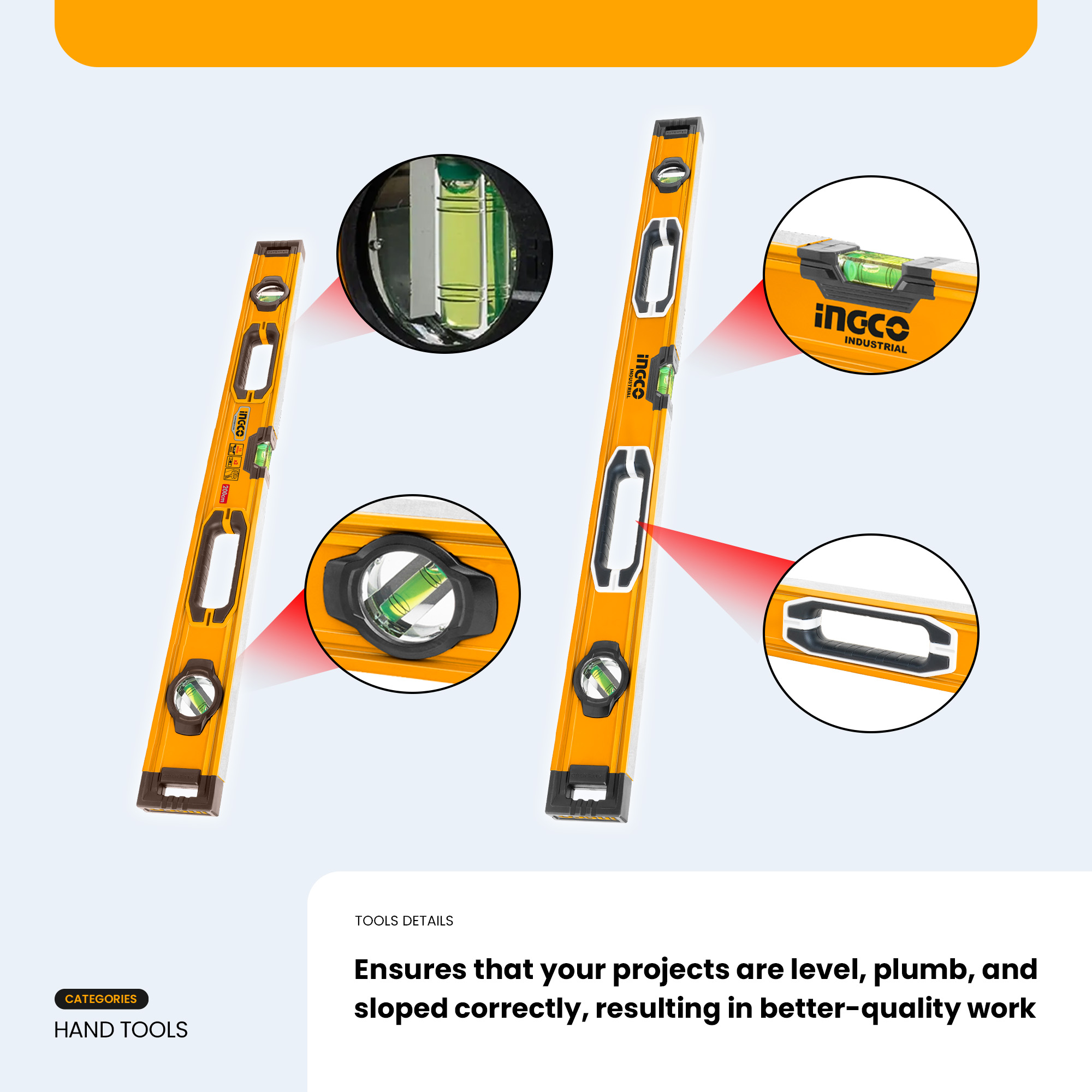 Ingco Spirit Level 200cm Double Side Milled Multi-Purpose Bubble ...