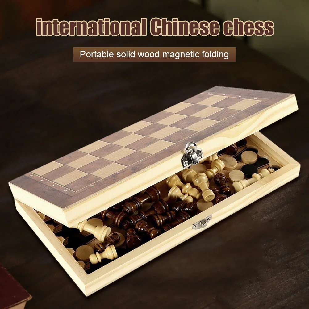 3-in-1 Portable Wooden Folding Chess Set With Storage - 34cm Board For Travel & Family Games
