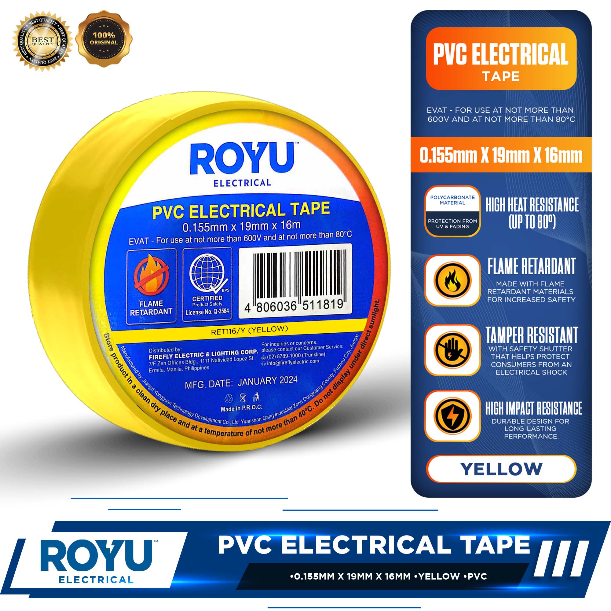 Royu Original, High Quality & Fire Retardant Electrical Tape 8 & 16 ...