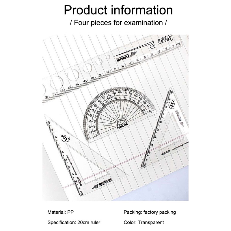 Plastic Ruler Set 4Pcs Including Protractor Triangle Ruler and Straight ...