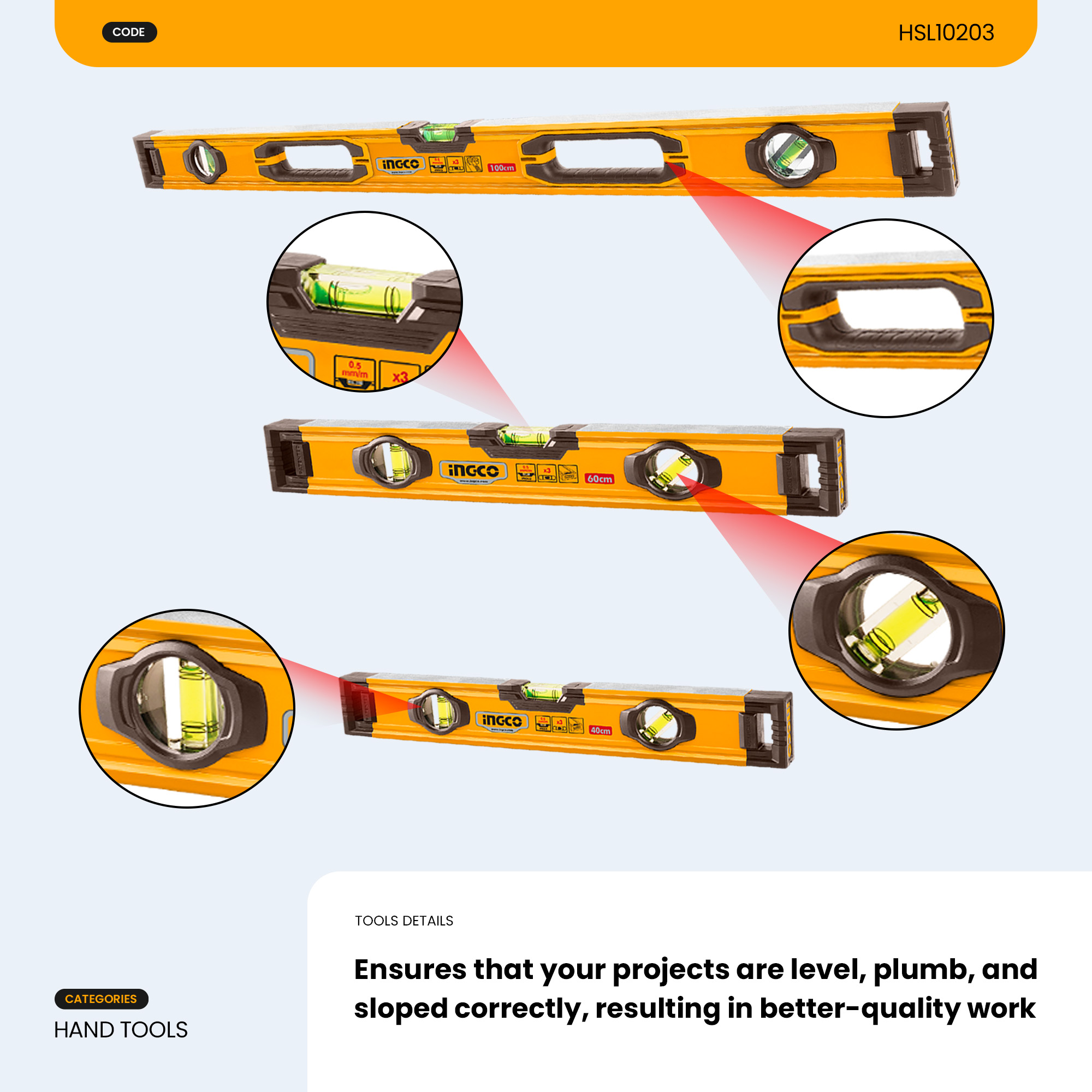 Ingco 3pcs Spirit Level Set 40cm-100cm Multi-Purpose Bubble Alignment ...