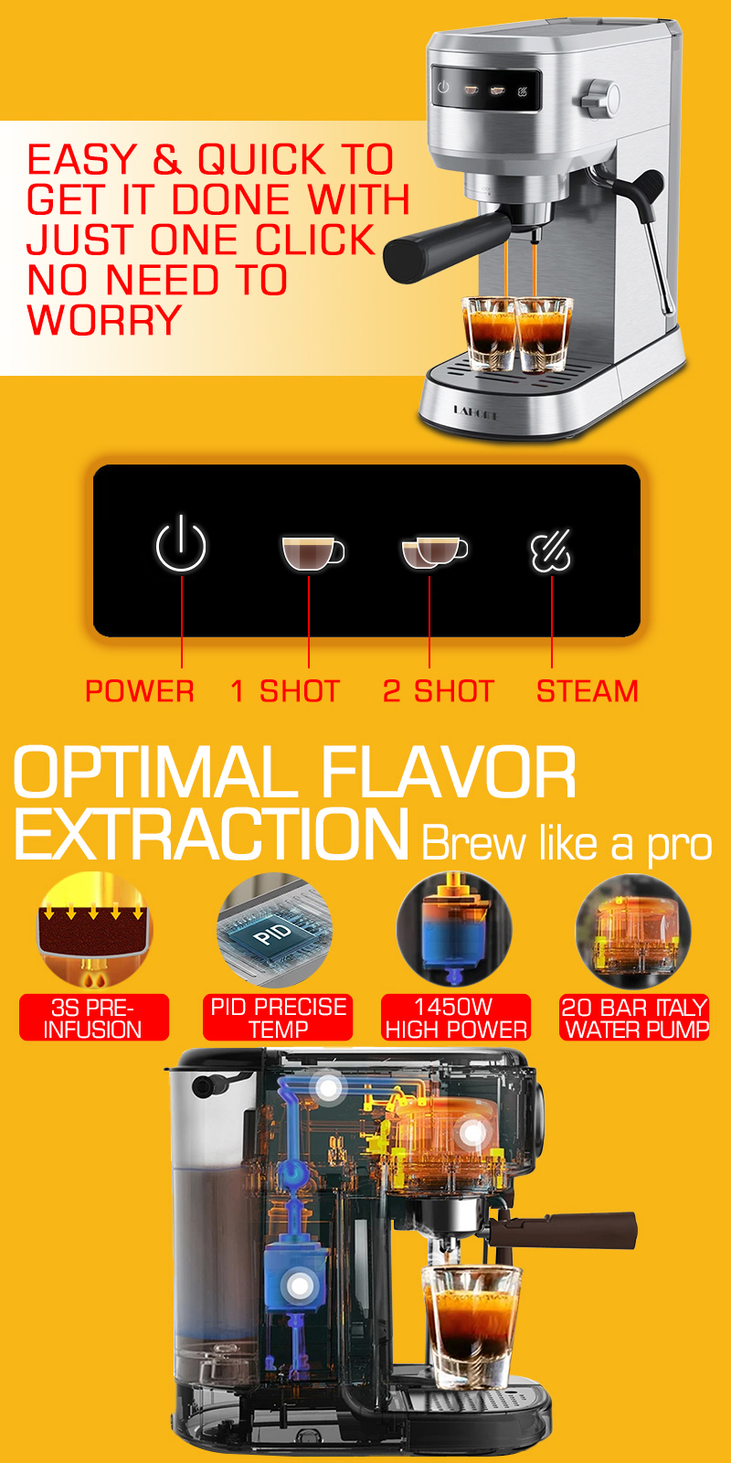 LaHome 20 Bar Espresso Coffee Maker Machine LCD Display Digital Panel ...