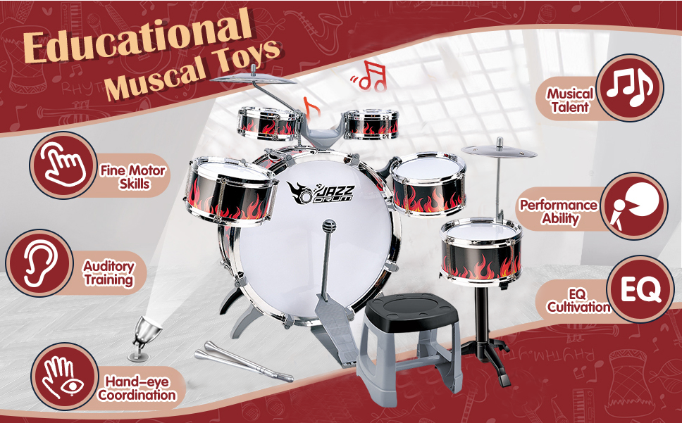 BANSID Kids Jazz Drum Set 8 Pcs Set Music Instrument Pretend Play Set