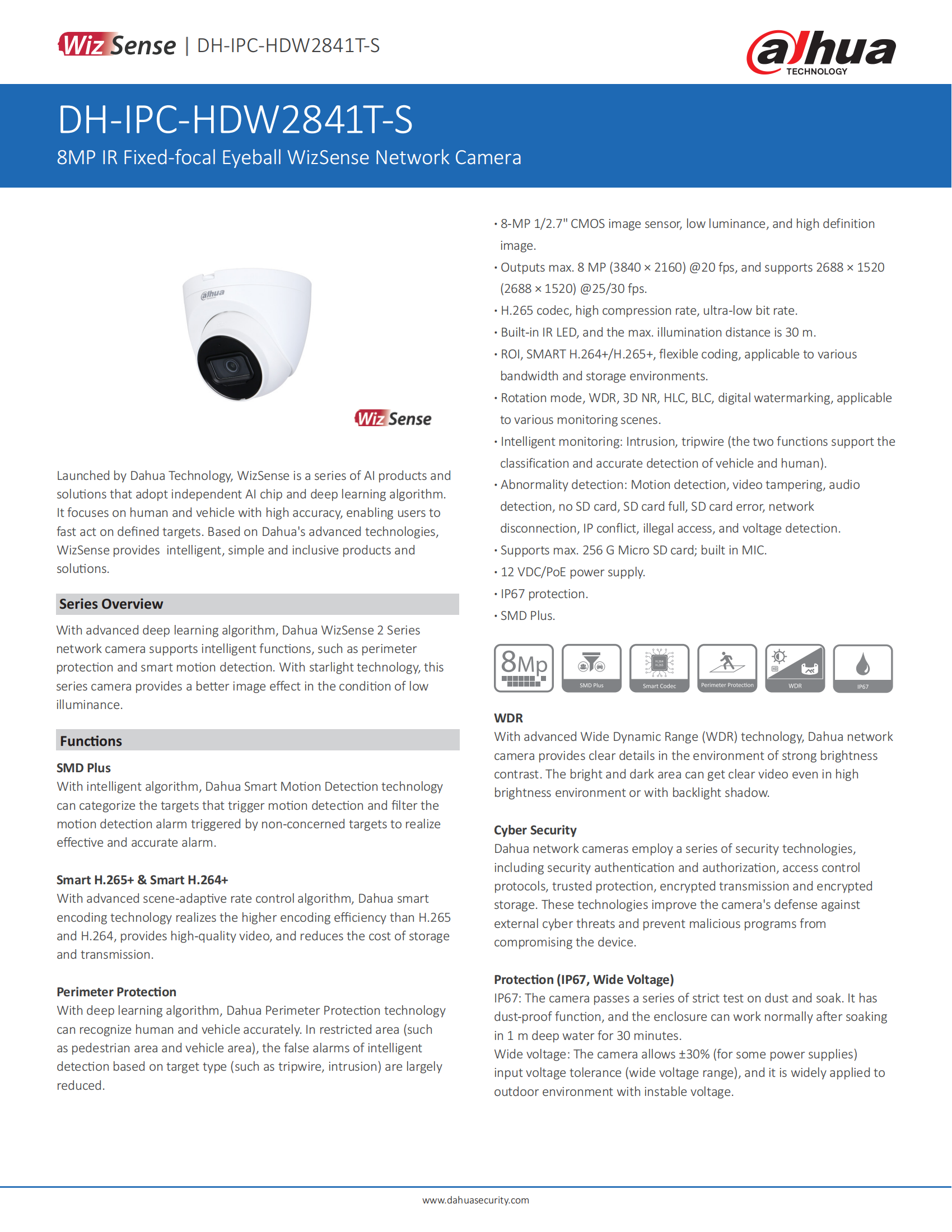 Dahua Bullet Ip 8Mp IR Motorzoom WizSense PoE IPC-HFW3842T-ZAS