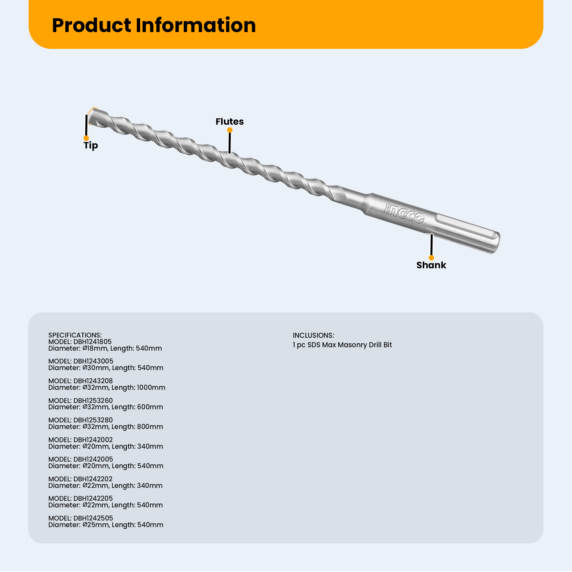 INGCO SDS MAX Masonry Hammer Drill Bit 540MM-1000MM Single Flute ...