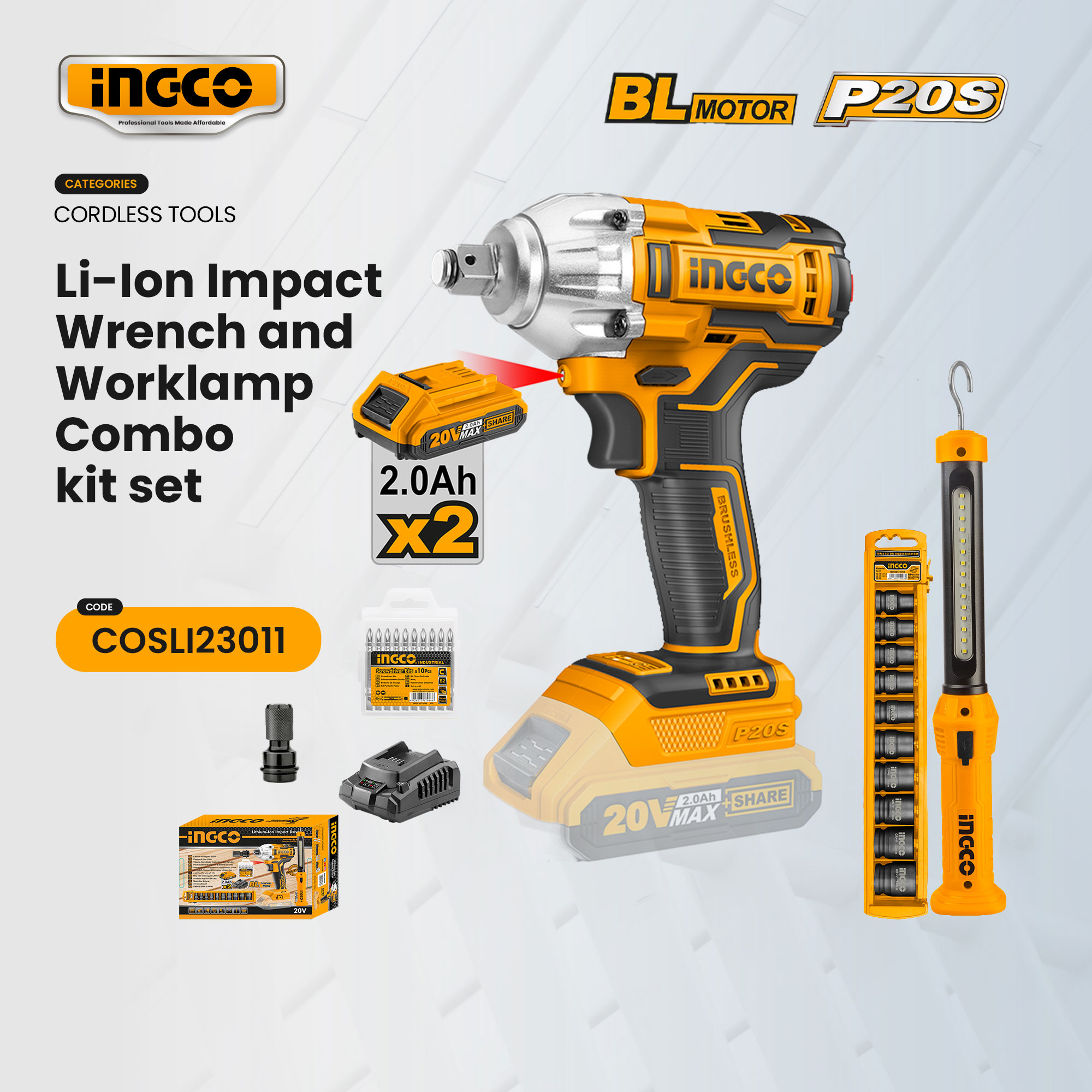 Ingco 20v Li-Ion Cordless Impact Wrench Work Lamp Socket Set Combo Kit ...