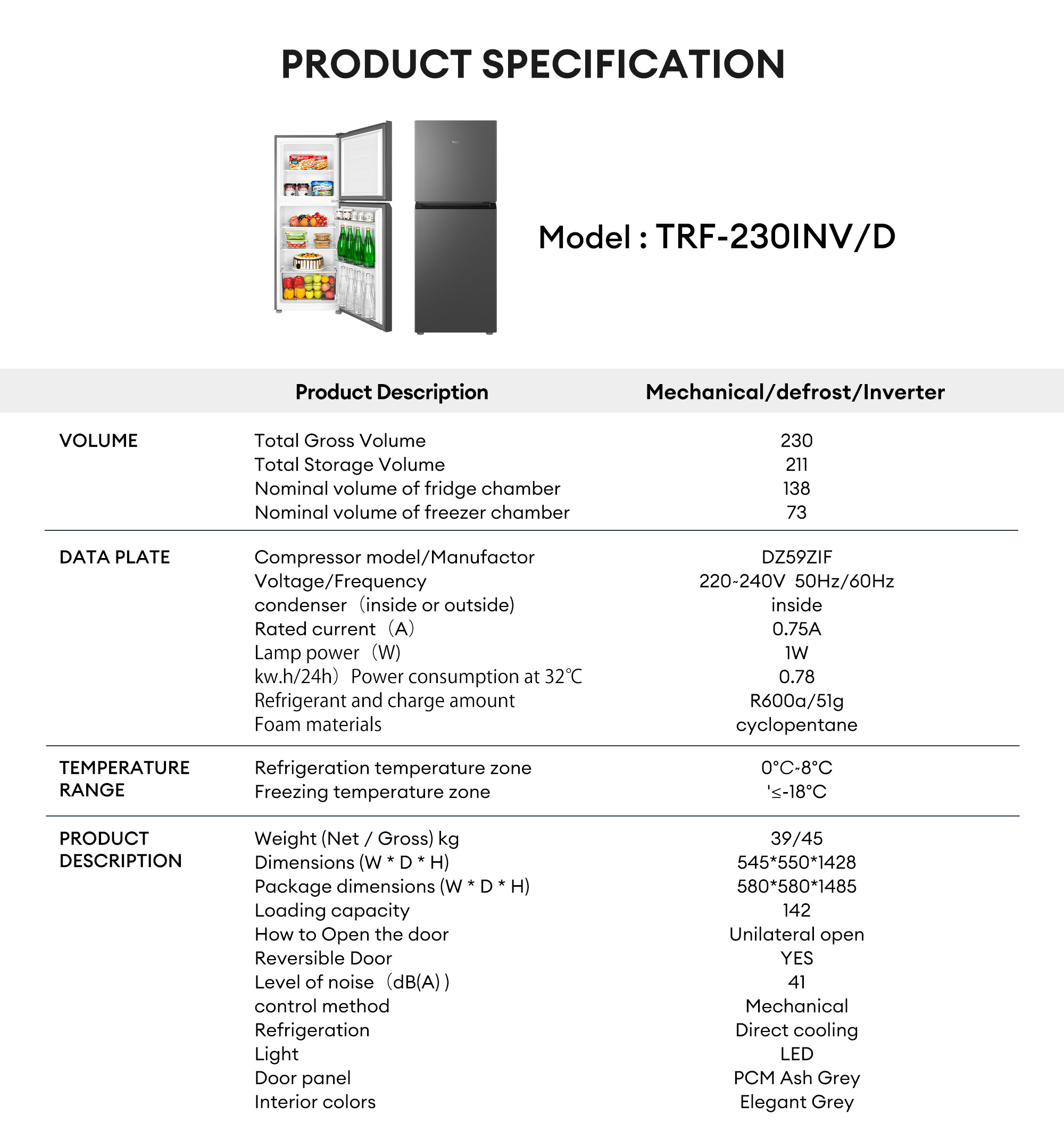 TCL 8.0 cu.ft. Inverter Two-Door Refrigerator - TRF-230INV/D REF (Two ...