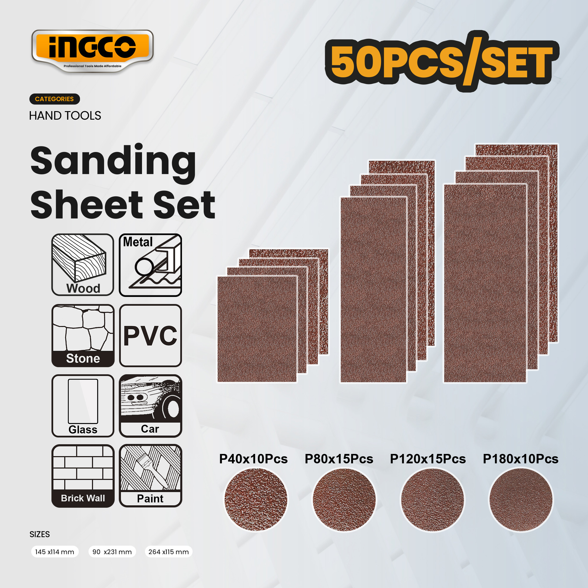 Ingco 50pcs/Set Sanding Sheet for Sanding Grinding Wood, Plastic and ...