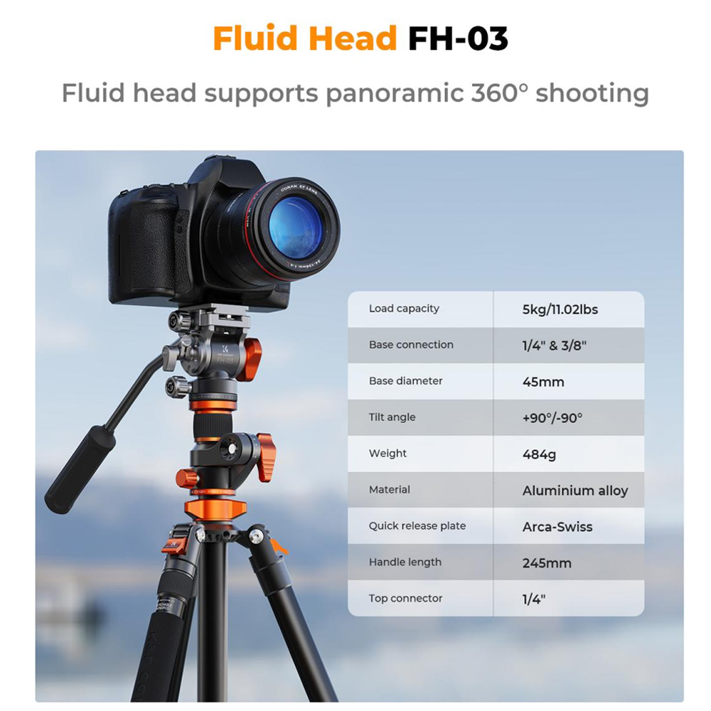 K&F Concept 4-Section 360 Degree Panoramic Fluid Head Video Tripod ...
