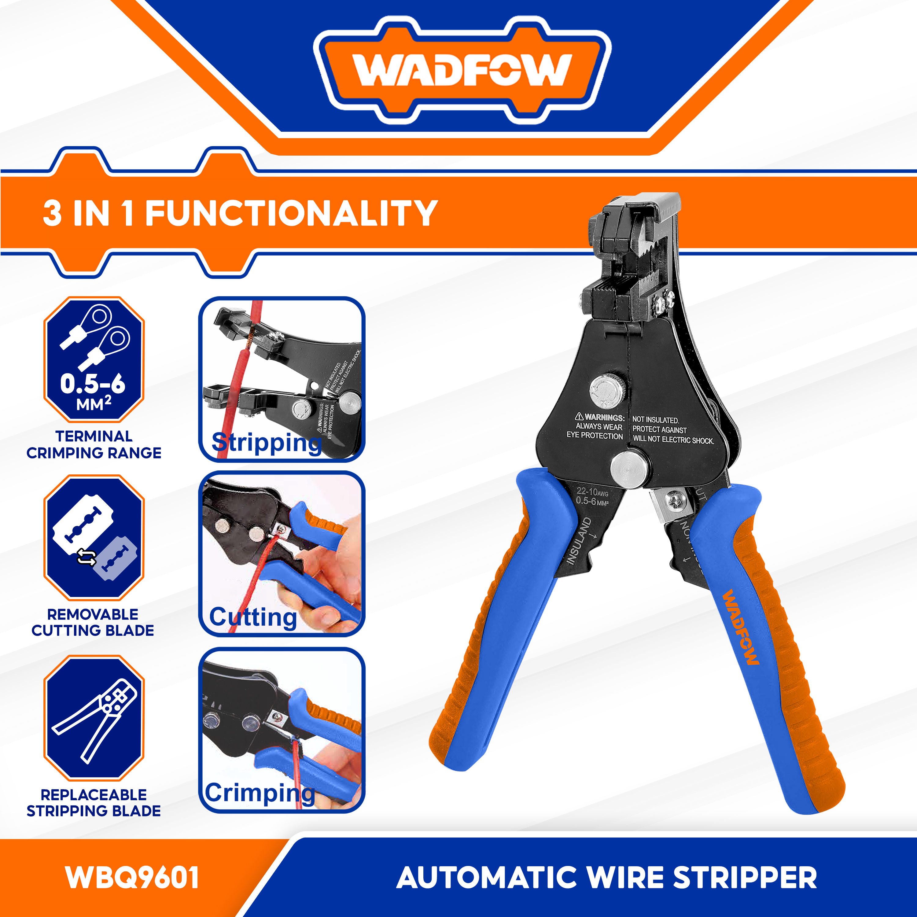 Wadfow Automatic Wire Stripper Cutter Size: 7in range: 22-10AWG/0.5 ...