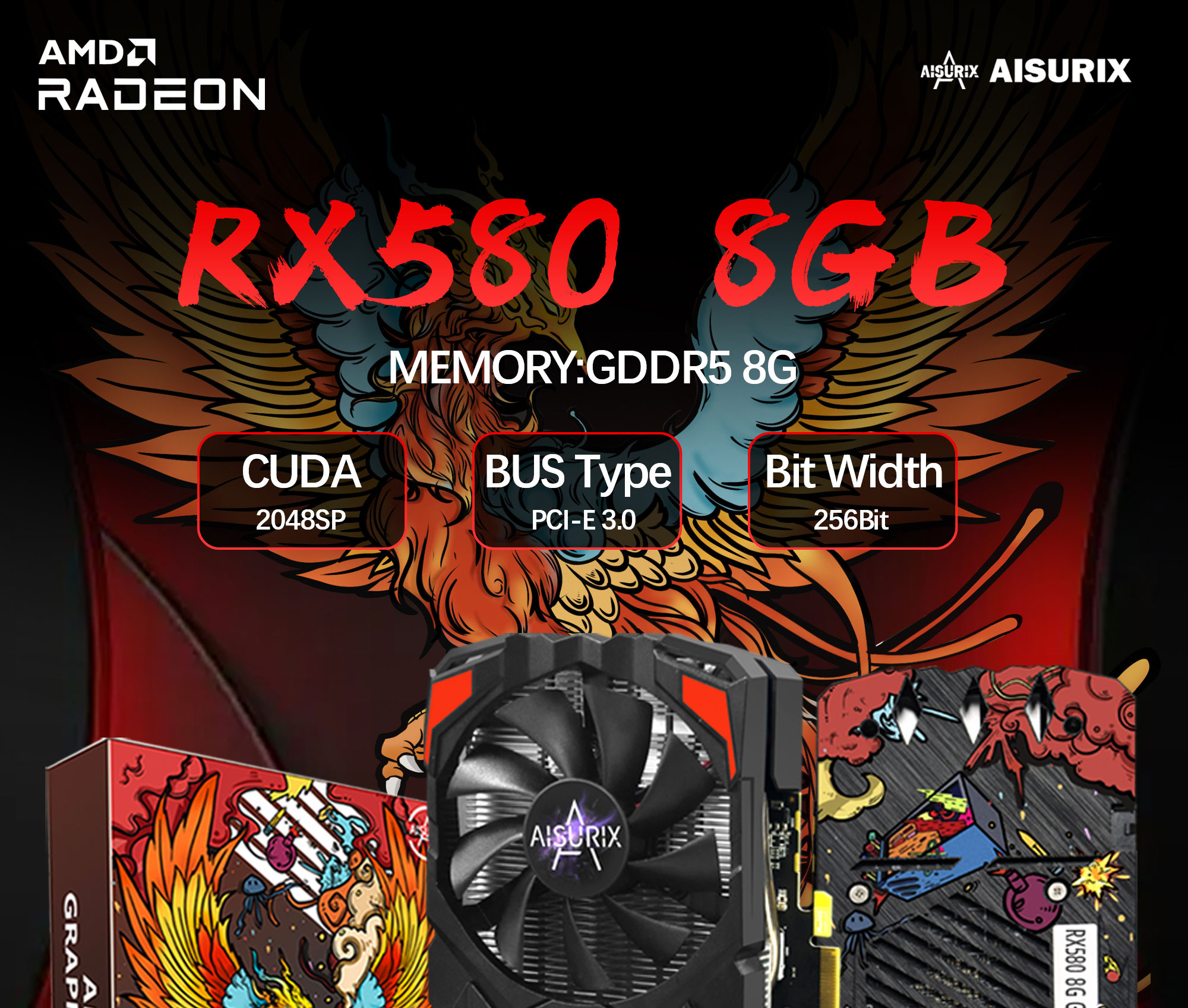 AISURIX Graphics Card RX 580 8GB GDDR5 256Bit 2084SP Computer GPU Video ...