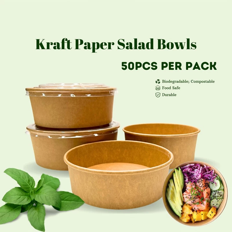 Kraft Paper Bowl with Lid 50PCS Salad Bowl with Cover Disposable ...