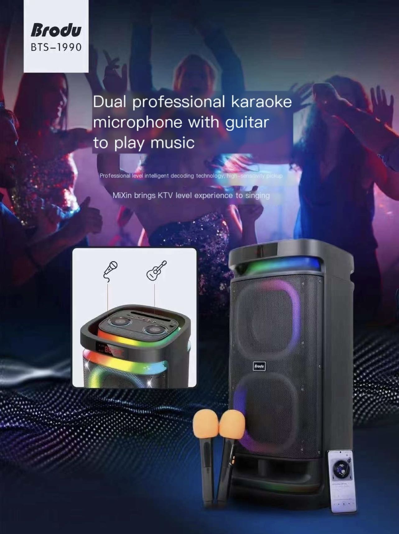 Brodu BTS-1990 KARAOKE BOX professional system Bluetooth speaker with 2 ...