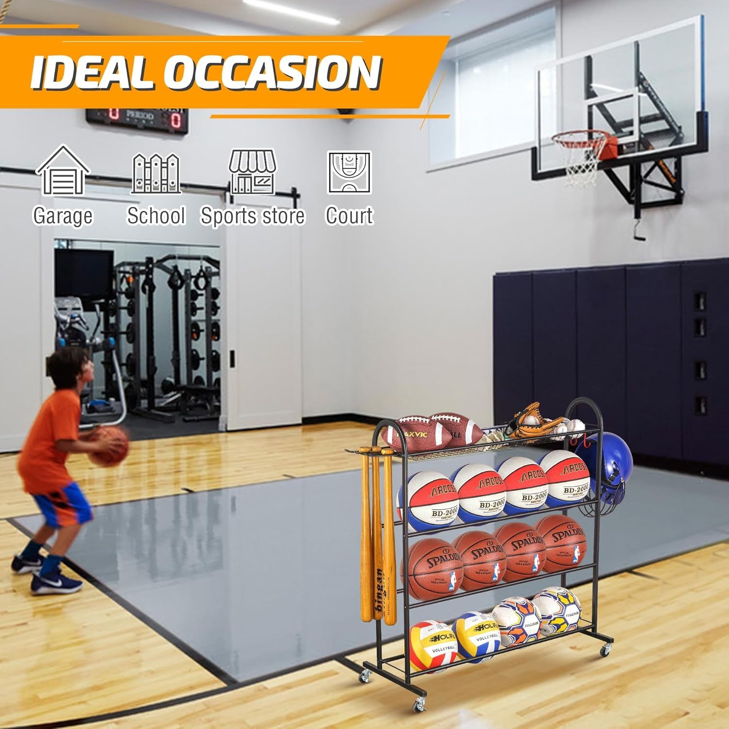 Basketball Storage Rack With Wheel And Hooks Detachable Wheeled Ball ...