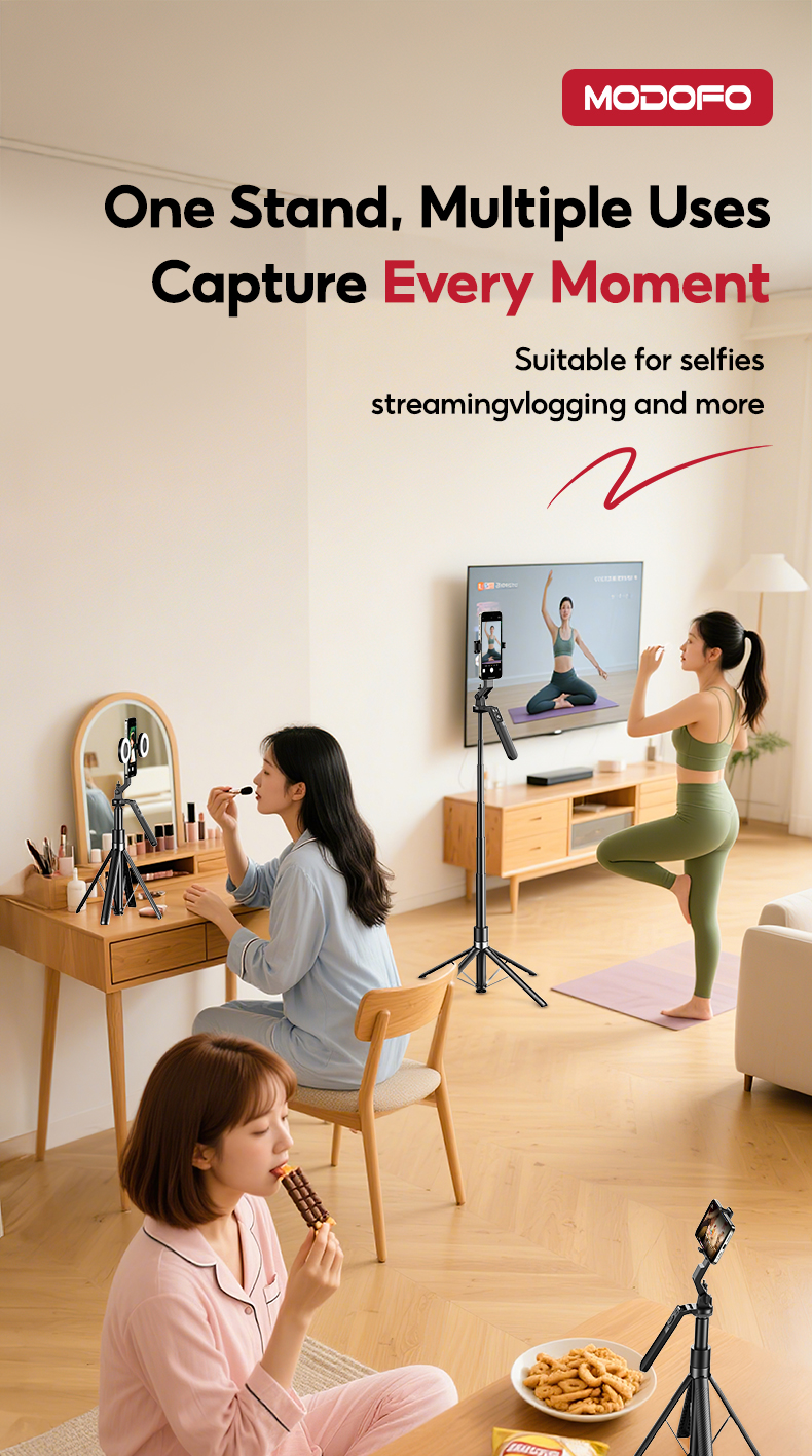 MODOFO Selfie Stick Tripod with 360° Rotation Bluetooth Control 1.8M ...