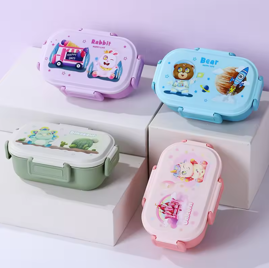 Cute Kids Lunch Box Cartoon Bento with Lock Lid 3 Compartment Food ...