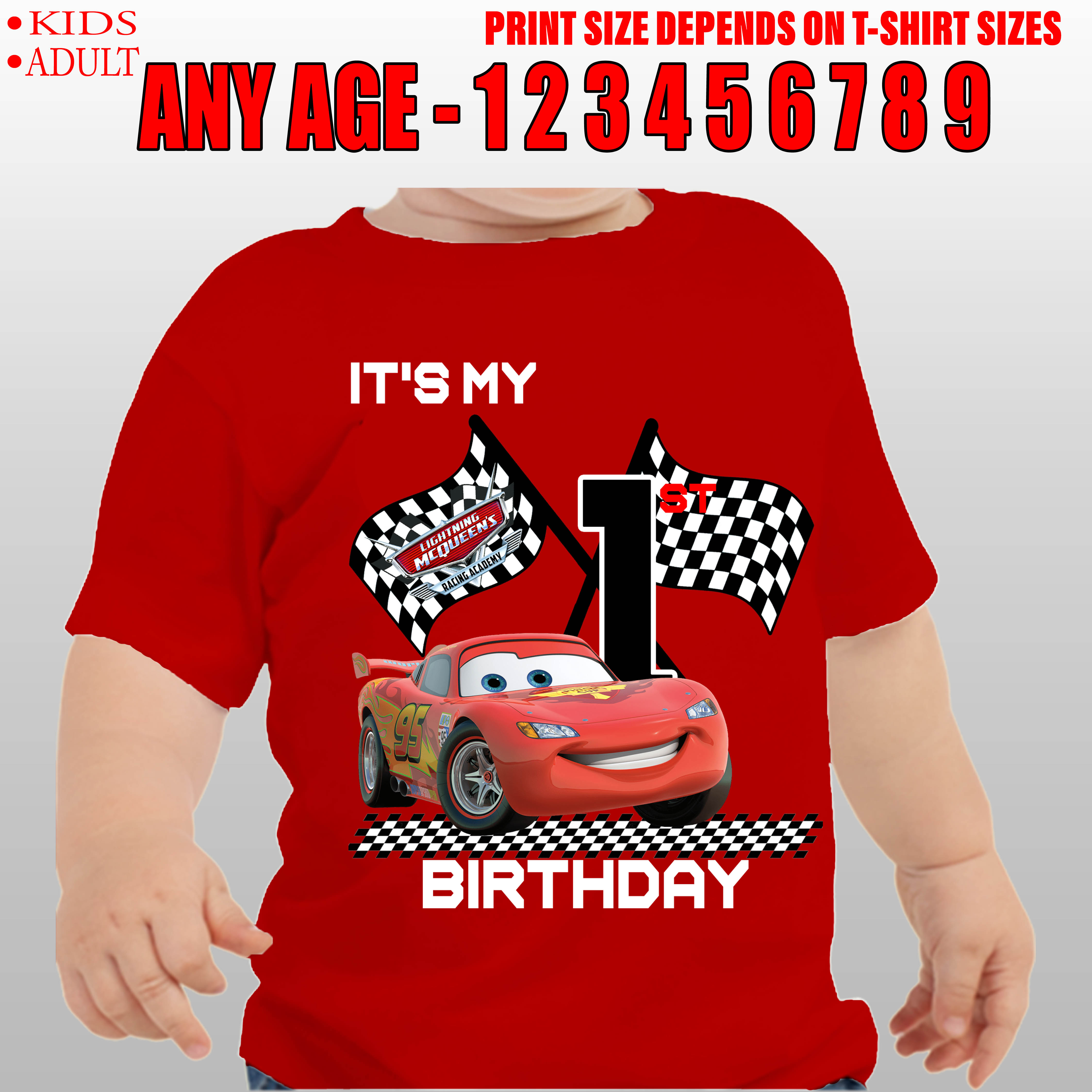 FREE NAME AND AGE CARS (8) MCQUEEN DESIGN BIRTHDAY RED T-SHIRT UNISEX ...